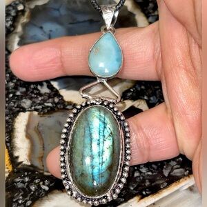 Crystal Pairing of Larimar & Labradorite Pendant 2 7/8”